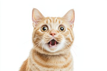 This is a studio portrait of a funny and excited cat face showing a shocked or surprised expression...