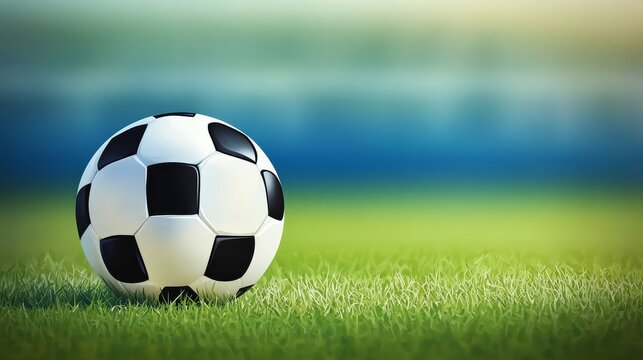 A close-up of a classic black and white soccer ball resting on green grass in a sport setting.