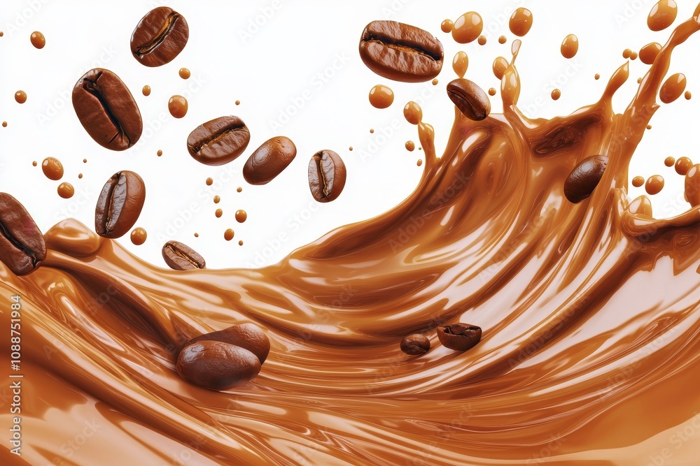 Poster brown coffee liquid swirl splash with little bubbles on transparent png background, liquid fluid ele
