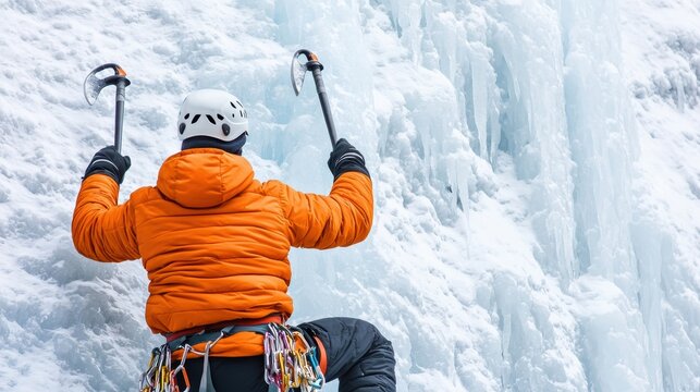 Ice climber scaling a frozen waterfall, ice axes, and crampons, intense and dramatic winter adventure