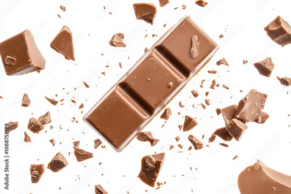 Poster There are many different types of chocolate falling from the sky with choc flake in the air, isolated on a transparent background, dessert sweet concept, dark chocolate piece.