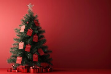 A Christmas tree with red gift tags and presents on a red background.