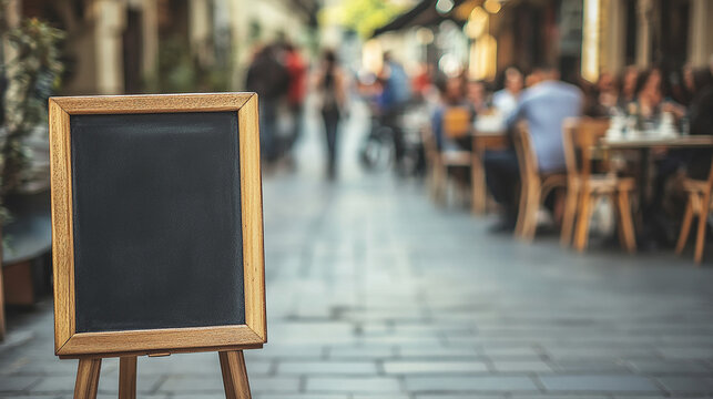 A blank chalkboard sign stands in front of an outdoor cafe with people dining.
