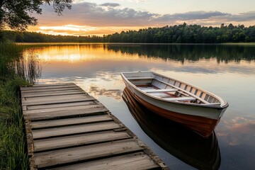 Obraz premium A beautiful lake landscape with row boats and a wooden bridge with a nice sky and clouds in the background, a place for rest and relaxation. The water is calm, and the surroundings are fresh.