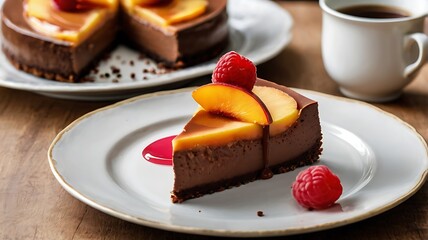 A slice of rich chocolate cheesecake decorated with a raspberry and a peach slice.