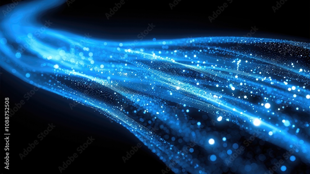 Poster A blue light trail with glowing particles on black background, representing fast digital data transfer in the internet and network connection technology concept. futuristic speed of information.
