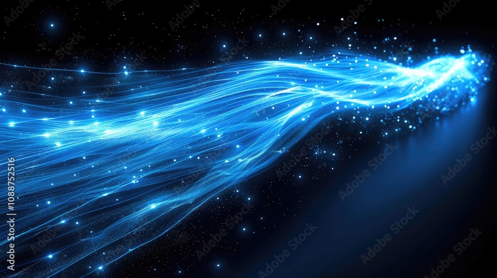 Poster A blue light trail with glowing particles on black background, representing fast digital data transfer in the internet and network connection technology concept. futuristic speed of information.