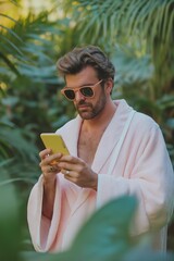 Obraz premium A man in a pink robe is looking at his phone. He is wearing sunglasses and has a beard