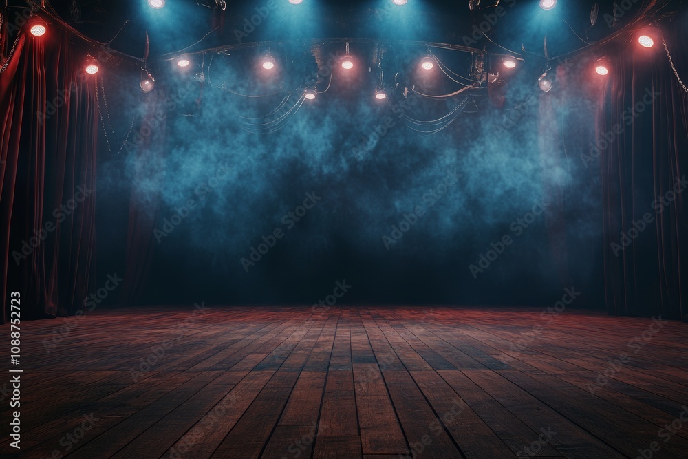 Fototapete A black stage with spotlights illuminated and a smoke effect is seen in the background. There are blank spaces available for copy and text on the stage.