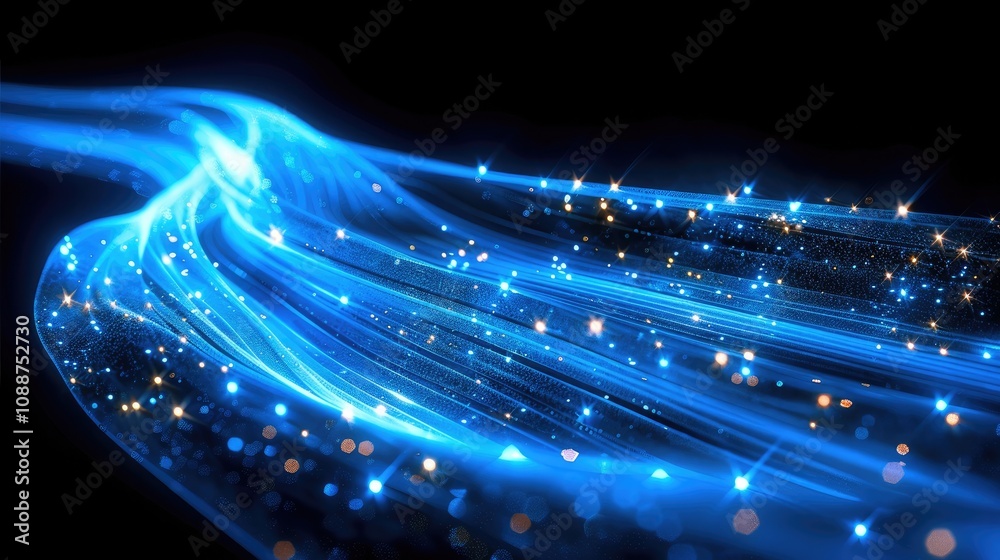 Fototapete a blue light trail with glowing particles on black background, representing fast digital data transf