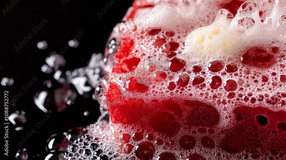 Poster isolated on black background, soap foam and red sponge in foam with bubbles