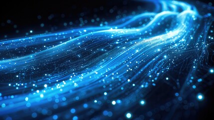 A blue light trail with glowing particles on black background, representing fast digital data transfer in the internet and network connection technology concept. futuristic speed of information.