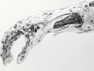 Futuristic Robotic Hand with Intricate Mechanical Detailing and Advanced Technology Components on a Minimalistic Background