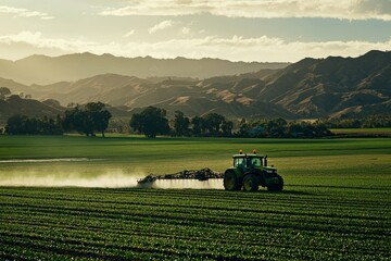 Fototapeta premium Agricultural tractor spraying fertilizer on agricultural field. Smart agriculture farming, agricultural food crops technology.