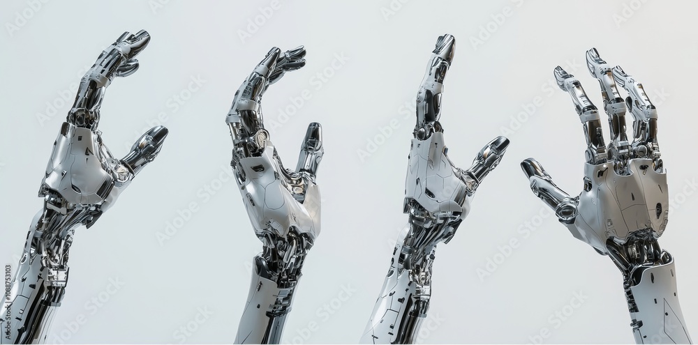 Aufkleber a robotic hand mechanical gesture is isolated against a metallic background, a futuristic cyborg arm