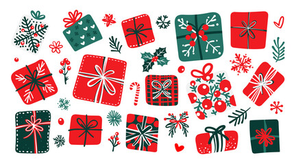 Set of isolated Christmas gift boxes and present decoration ornaments in cute doodle hand-drawn graphic illustration style on a transparent background. Volume 2: Vivid red and green color tones.