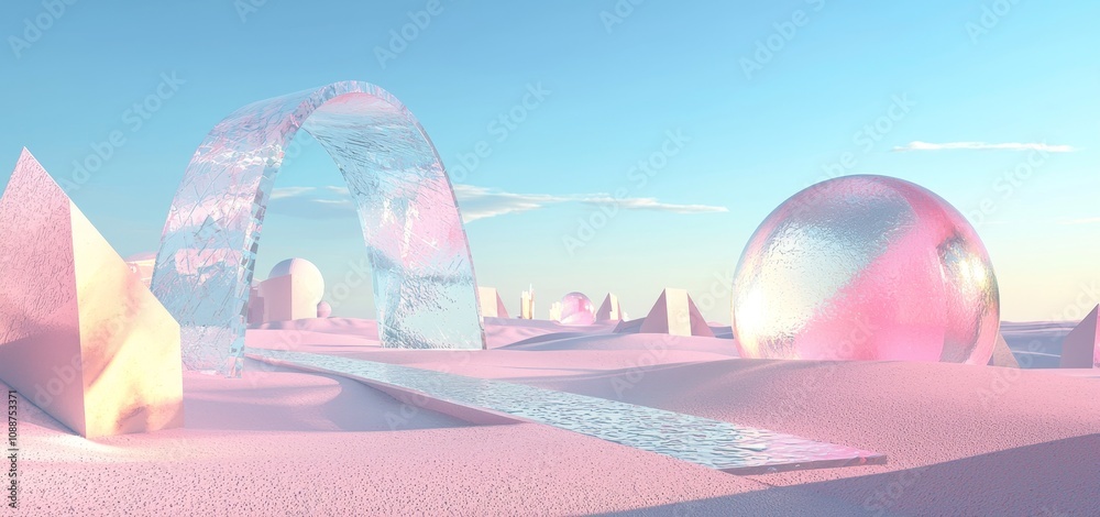 Leinwandbilder Rendering, abstract surreal pastel landscape background with architecture and geometric patterns, beautiful gradient sky scene, lake with clam water, minimal design.