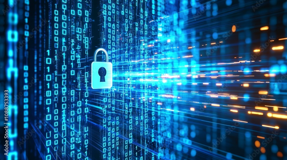 Poster A digital padlock on a blue background with binary code on an abstract cyber security technology