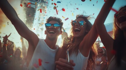 Obraz premium Happy friends having fun at festival party throwing confetti and dancing together - Young people celebrating music fest outdoor - Friendship, hang out and youth concept - Main focus on two right face