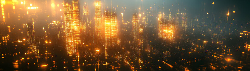 Fototapeta premium A Futuristic Cityscape with Illuminated Towers in a Hazy Atmosphere