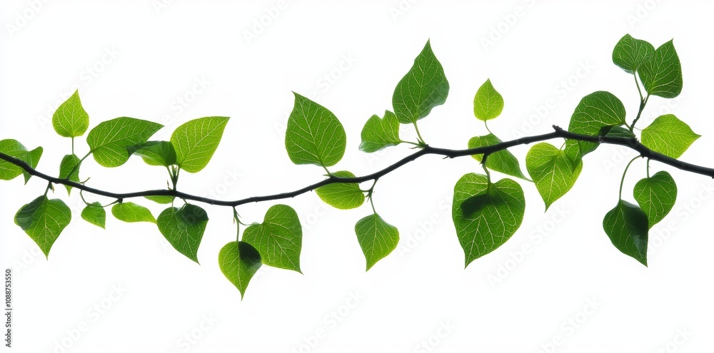 Poster an elongated twig from a tree with green leaves on the background. fresh, green branch of fresh leav