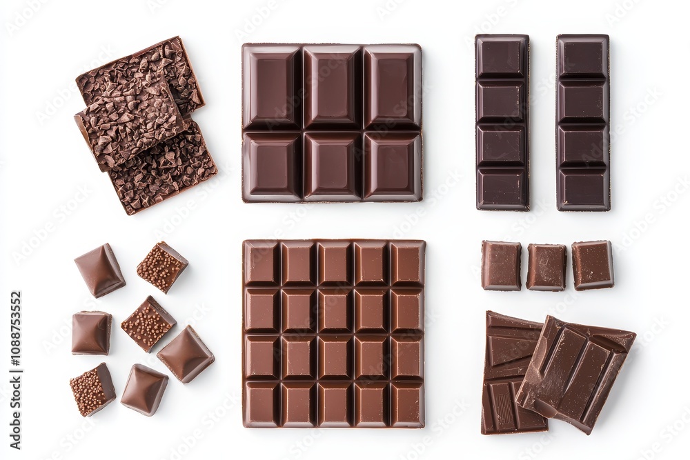 Poster different chocolate pralines from the top view isolated on a black background, collection of sweet a