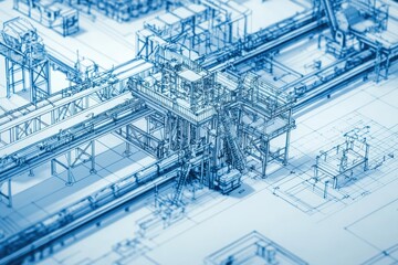 Detailed Architectural Blueprint Illustration of a Modern Industrial Facility with Intricate Systems and Structures for Engineering and Manufacturing Applications