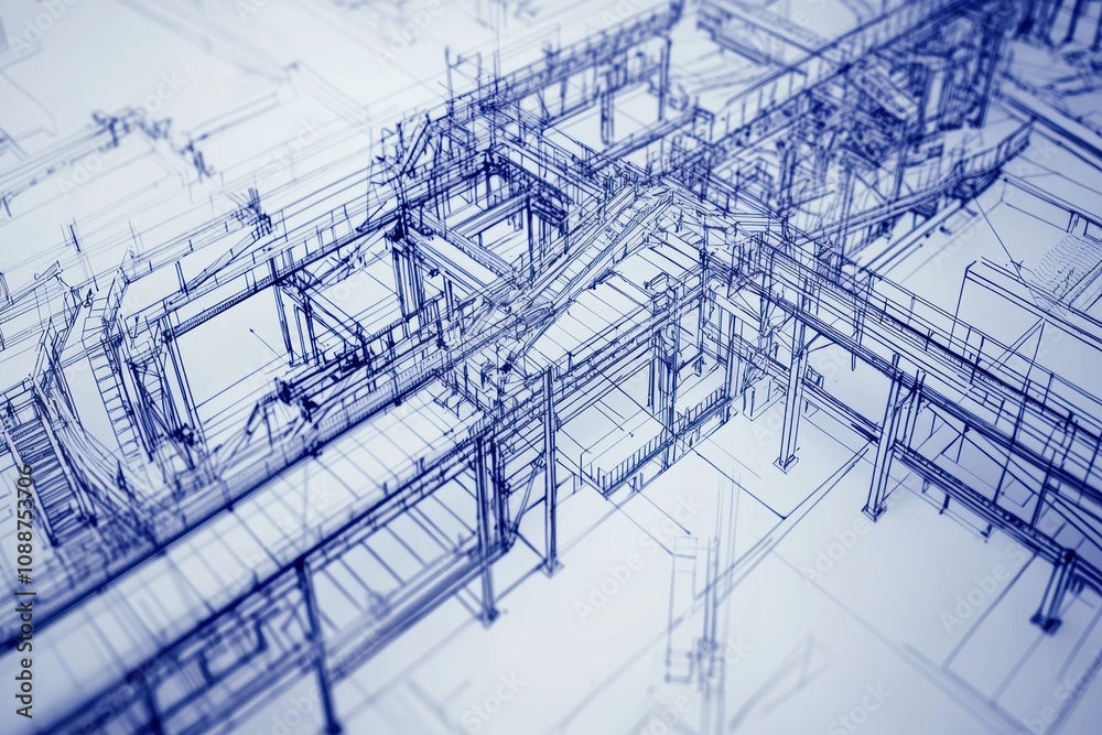 Poster detailed blueprint of industrial structure design showcasing complex architecture and intricate line