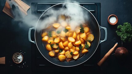 Overhead view of steaming pot with cooked potatoes garnished with parsley on a stovetop, surrounded by seasoning bowls and herbs