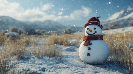 Obraz premium Happy snowman standing in christmas landscape