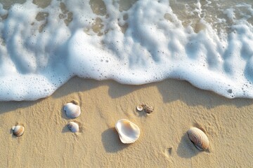 Ocean foam left on the sand after a wave recedes, with seashells scattered along the shore. The white foam contrasts with the golden sand, creating a peaceful and natural coastal landscape.