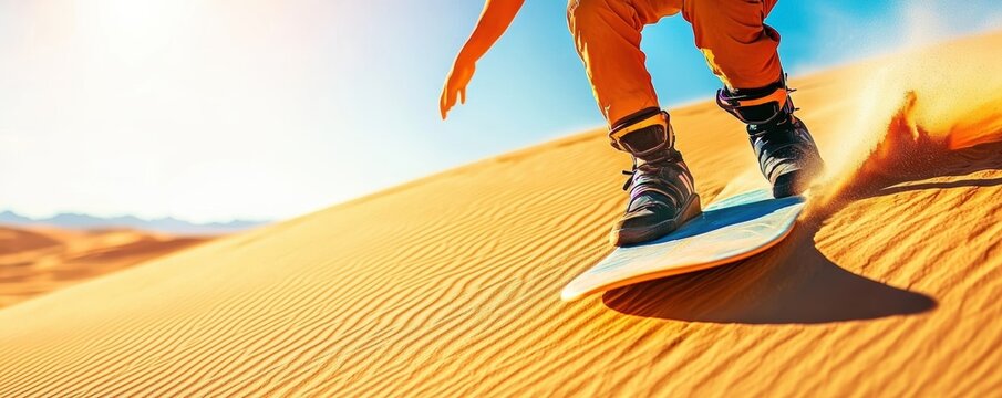Sandboarder surfing a desert dune, action-packed sports and unique outdoor terrain theme