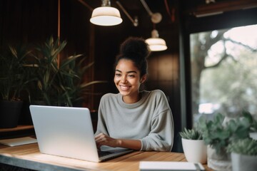 Black asian woman laptop computer smiling.