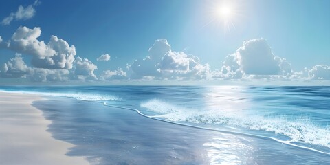 Fototapeta premium Clear Sky Over Tranquil Beach with Soft Sand and Ocean View
