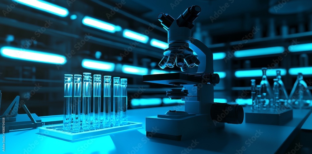 Poster typical biotechnologist's desk with lab equipment and genetic samples, representing a job in the fie