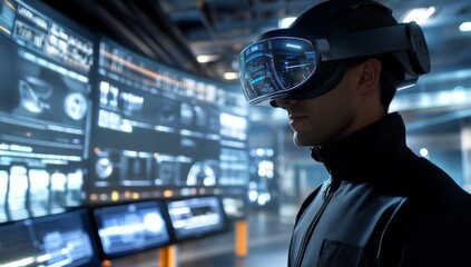 close-up of man worker is wearing virtual reality glasses in factory with monitors displaying data 