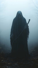 A Grim Reaper Figure Stands in a Misty Forest Holding a Scythe, a Dark and Eerie Digital Illustration