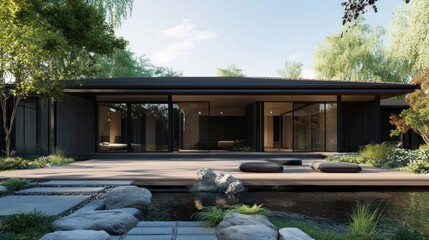 Fototapeta premium Modern Japanese-style wooden house with minimal design, zen garden