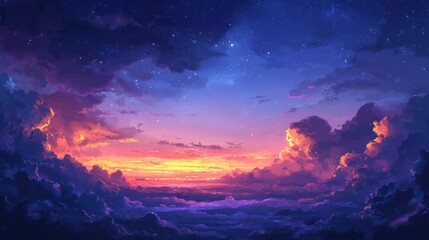 Obraz premium A serene cosmic sky at twilight, showcasing deep blues and purples with glowing celestial elements