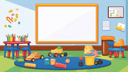 A bright and colorful classroom with a large whiteboard, a table with chairs, and a rug with toys.