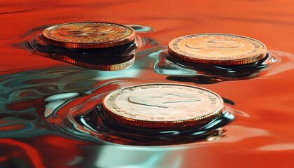 Gold coins floating on a red liquid, abstract finance concept.