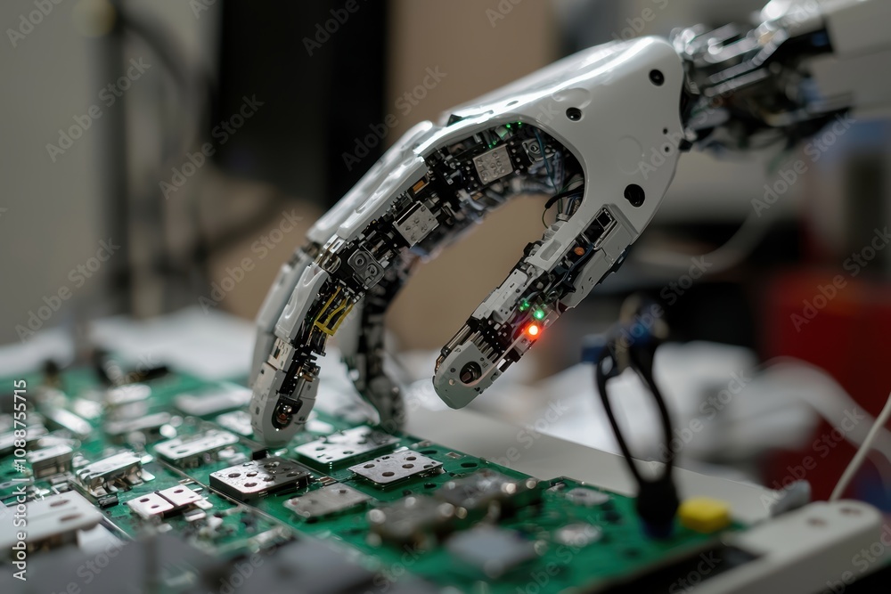 Poster close-up of a robotic hand interacting with a circuit board, showcasing advanced technology and prec