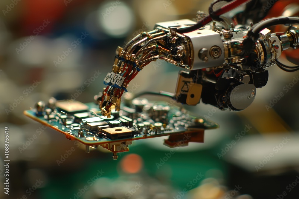 Poster close-up of a robotic arm holding a circuit board in a high-tech laboratory environment with electro