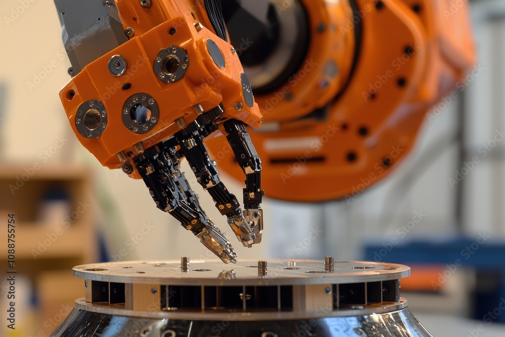 Poster close-up of a robotic hand with precision grippers working on a circular component in an industrial 