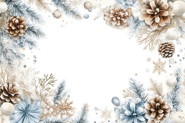 Fototapeta premium Watercolor pastel light blue and beige winter wreath with snowflakes christmas design cones.