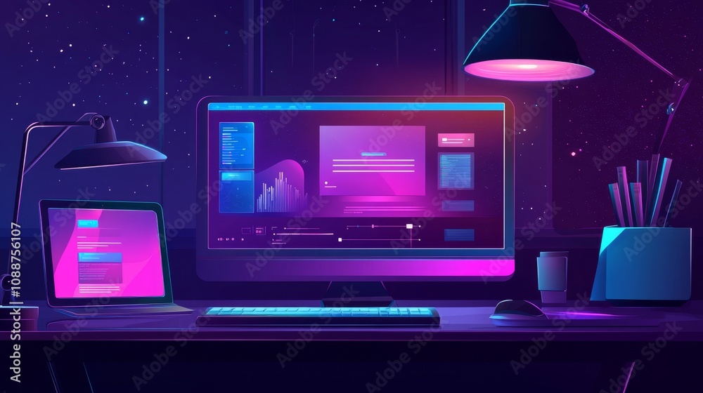Poster a vibrant workspace featuring a computer and tablet with a digital interface and colorful lighting.