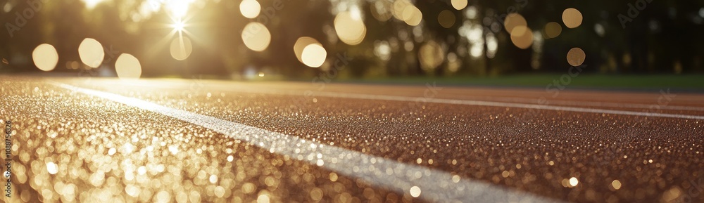 Poster a sunlit running track with a shallow depth of field, highlighting athletic potential.