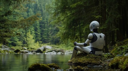 A serene scene of an artificial intelligence human in a natural environment, symbolizing harmony with nature