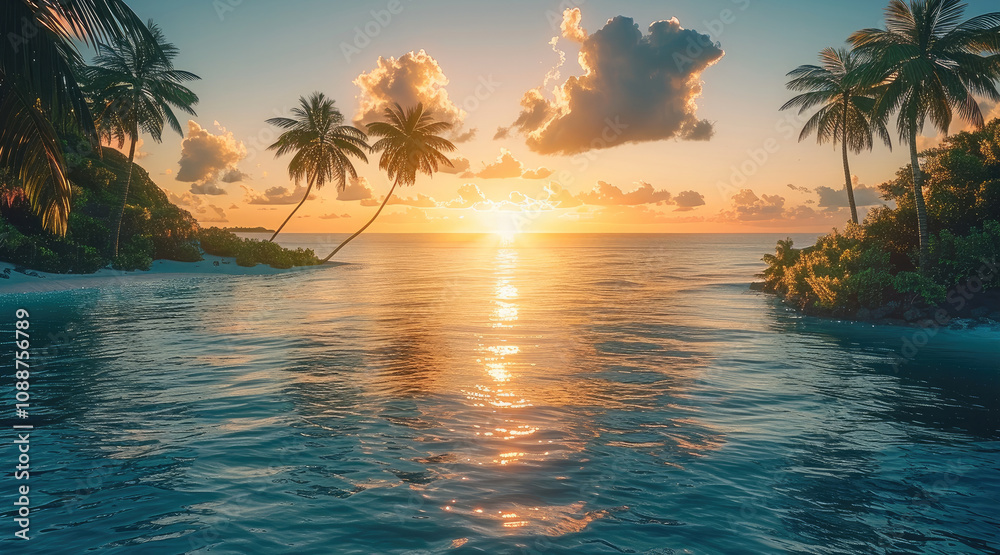 Poster front view of beautiful exotic island with lush landscape and palm trees surrounded by a clear blue 