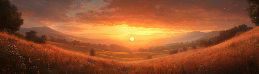 Fototapeta premium Golden Hour Landscape with Rolling Hills and a Distant Sunset